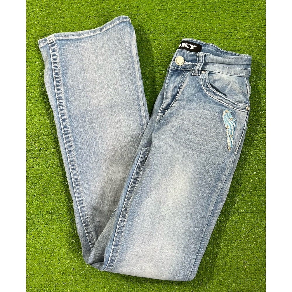 Sky Premium Collection Jeans SZ 5/6 Heart Wings Pocket Embroidered Y2K Vtg Flare - Picture 2 of 10